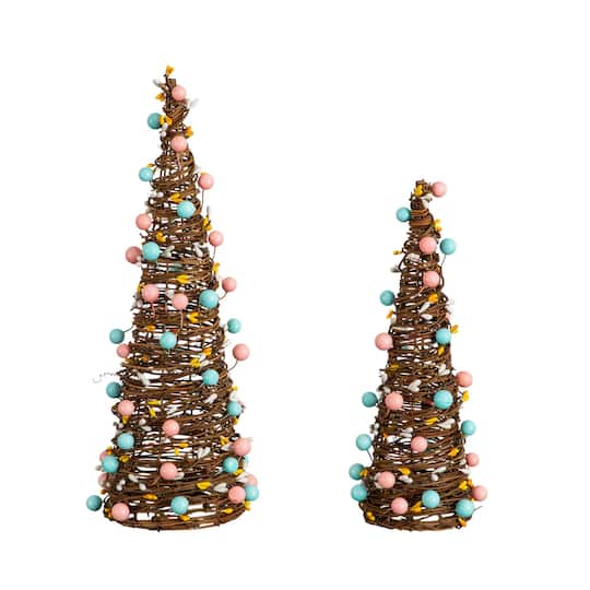 12" and 16" Artificial Easter Rattan Cone Trees with Pastel Eggs - Set of 2 By Nearly Natural in Brown | 8" x 8" x 16" | Michaels®